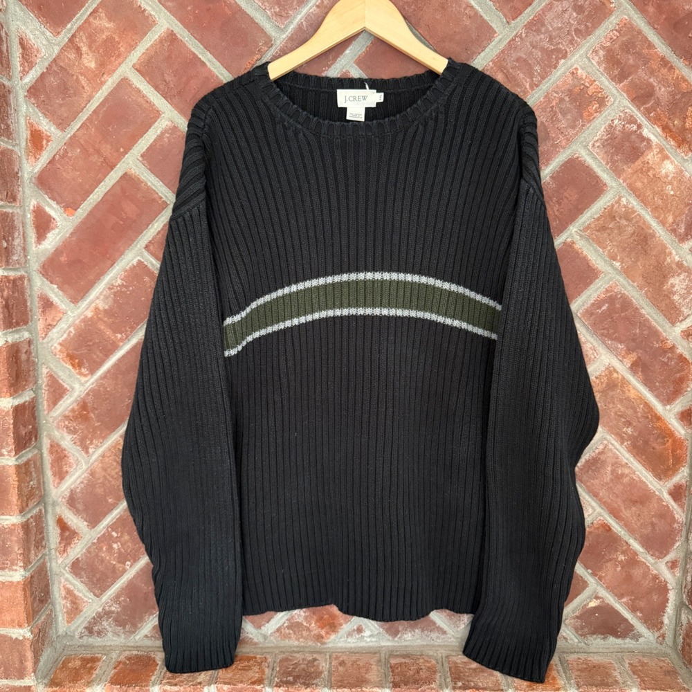 Vtg 90s J.Crew Sweater Mens XXL Black Striped Shaker Knit Cotton Crewneck Thick